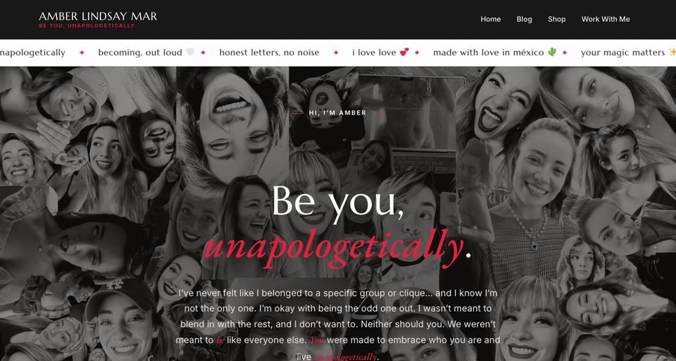 Screenshot of amberlindsaymar.com homepage — personal blog and brand site built by YoN Marketing